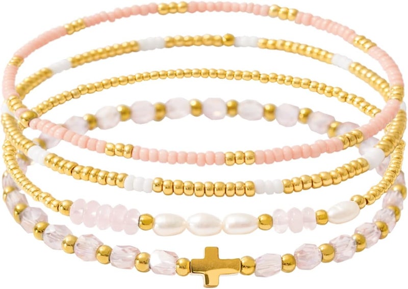Pymach Store Dainty Gold Plated Pearl Crystal Beaded Bracelets Set for Women 14K Gold Plated Bead Pearl Beads Bracelet Stackable Paperclip Link Chain Bracelets Gold Plated Bracelets for Women Trendy Jewelry - Image 1